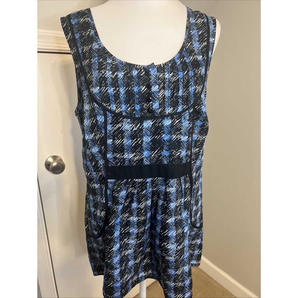 Odille Anthropologie Blue Plaid Silk Cotton Pintuck Tunic Top Size 10 Y2K